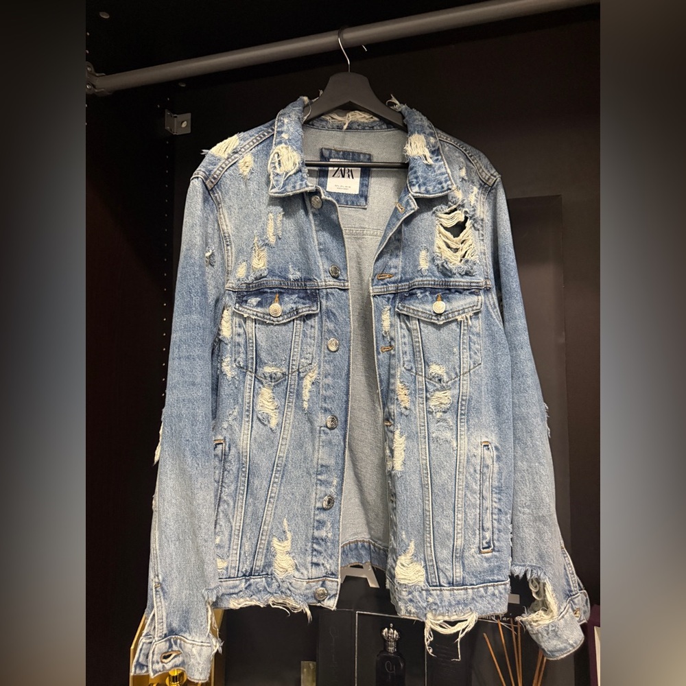 Zara Light Blue Ripped Denim Jacket